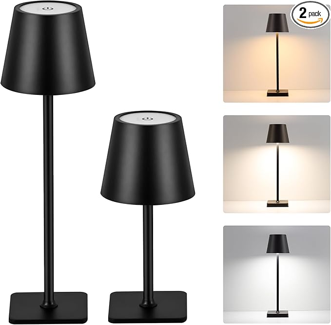 Black Cordless LED Desk Lamps Portable Powered by a 5000mAh Battery, offering stepless dimming and 3 Color Modes, for bedrooms, Restaurants, Bars, Camping, and Outdoor (Black-2pc)