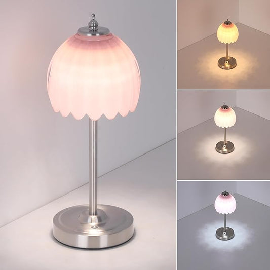 Rechargeable Table Lamp with 5200mAh Battery & Touch Control - 3 Adjustable Color Temperatures, Cordless Dimmable Table Light for Bedroom, Office Desk, Nightstand (Creamy Pink,Silver Base)
