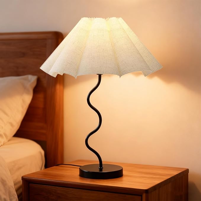 Small Table Lamp, Pleated Table lamp for Bedroom, Bedside Lamps for Nightstand with Linen Lampshade, Modern Lamp for Bedroom Home Office Decor, Black.