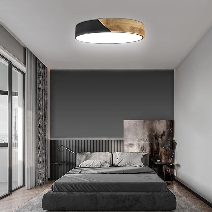 Led Ceiling Light Flush Mount: 12 Inch 24W Bedroom Light Fixture with Round Wood Modern Black Flat Overhead Minimalist Ceiling Lamps for Kitchen Hallway Laundry Cold White 6000K, Not Dimmable