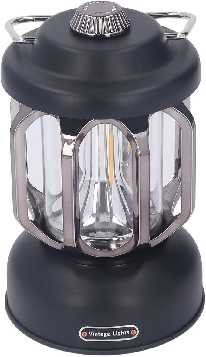 Retro Camping Lantern, Rechargeable LED Tent Lamp with 3 Light Modes, Dimmable Vintage Camping Light with Hook, USB Type C Portable Lantern for Garden Outdoor (Black)