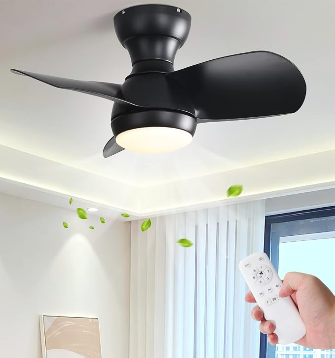 23" Black Small Ceiling Fan with Light, DC Motor,LED, Mini Flush Mount Ceiling Fan with Lights Low Profile Ceiling Fans for Patios Waterproof Kitchen Dining Room Bedroom