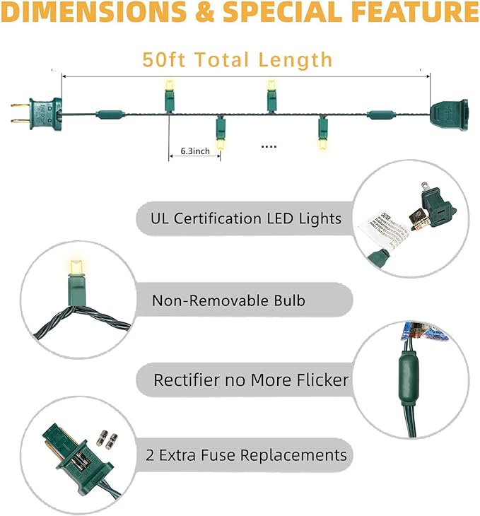 Warm White LED Christmas Lights Outdoor– 50ft 100 Counts Commercial Grade Outdoor Waterproof Green Wire Tree Lights, 5mm Wide Angle Plug in for Xmas, UL, IP:65