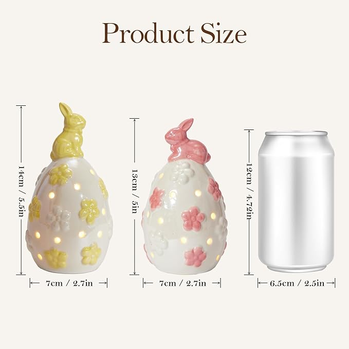 WDS WONDROUS Light Up Easter Decorations Bunny and Egg Figurines Set, LED White Easter Spring Home Decor, Ceramic Rabbit Egg Sculpture for Farmhouse Tabletop Centerpiece Wedding Gifts 2PCS