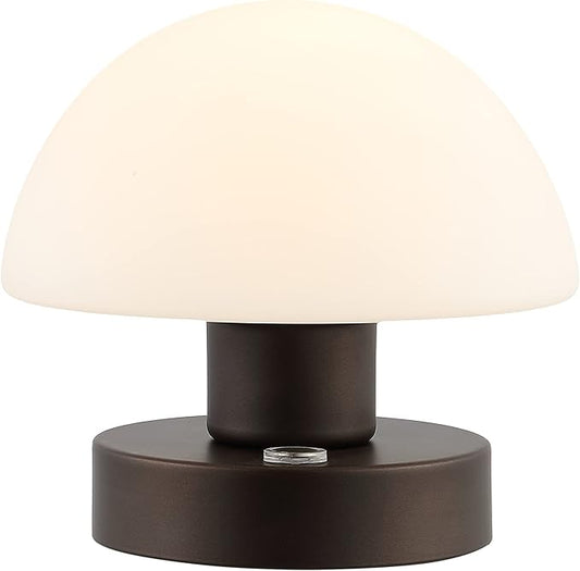 JONATHAN Y 5.75" Oil Rubbed Bronze Rechargeable Portable LED Table Lamp, Cordless Mushroom Accent Light for Bar, Nightstand, with Frosted White Glass Shade JYL7113A