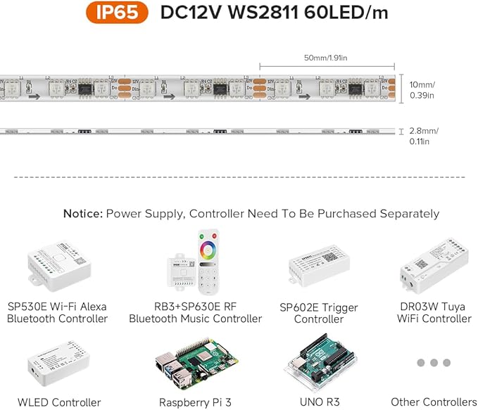 BTF-LIGHTING WS2811 IC=RGB+IC Addressable Dream Color LED Strip 16.4FT 60LEDs/m 20Pixels/m IP65 Splash Proof White PCB Flexible DC12V Chasing Effect for Home Indoor Decor(No Adapter or Controller)
