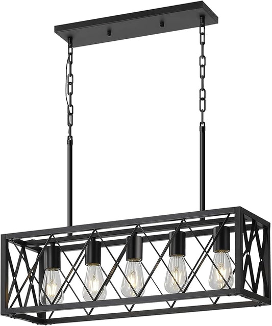 5-Light Kitchen Island Pendant Light, Black Rectangular Farmhouse Chandelier, Industrial Metal Linear Ceiling Hanging Lighting Fixture for Dining Room, Living Room, Entryway, Foyer, Bar