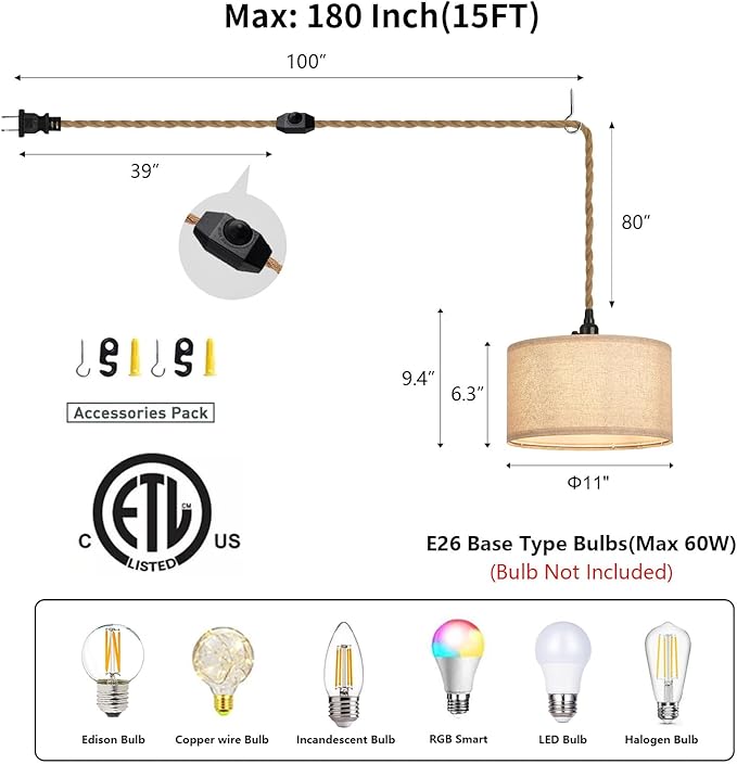 2 Packs Plug in Pendant Lights Fabric Hanging Lamp Kit with Dimmable Switch 15 Ft Long Hemp Rope Farmhouse Pndant Light Cord Lighting Fixture DIY Hanging Light