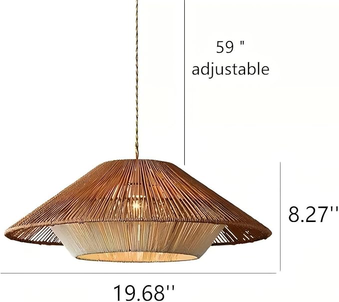 LIGHTLAND 19.7 Inch Bohemian Rattan Pendant Light, Twine Woven Chandelier, Wabi-sabi Style Handwoven Chandelier for Dining Room, Kitchen Island, Living Room