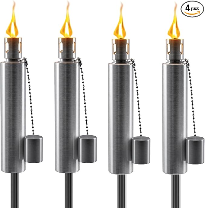 Matney Stainless Steel Outdoor Torches - Decorative Garden & Yard Lights - 5 ft Oil Lamp for Citronella - Fiberglass Wick & Snuffer Cap - Set of 4 (Barrel)