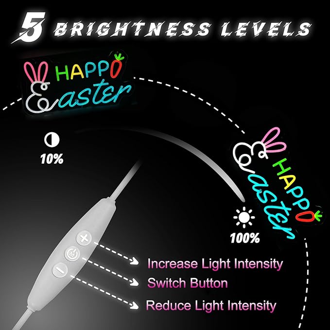 Happy Easter Neon Sign, Rabbit Shape Dimmable LED Easter Yard Sign Light, Easter Neon Sign for Wall Room Windows Lawn Party Decorations Easter Hanging Sign for Spring Front Yard Sign