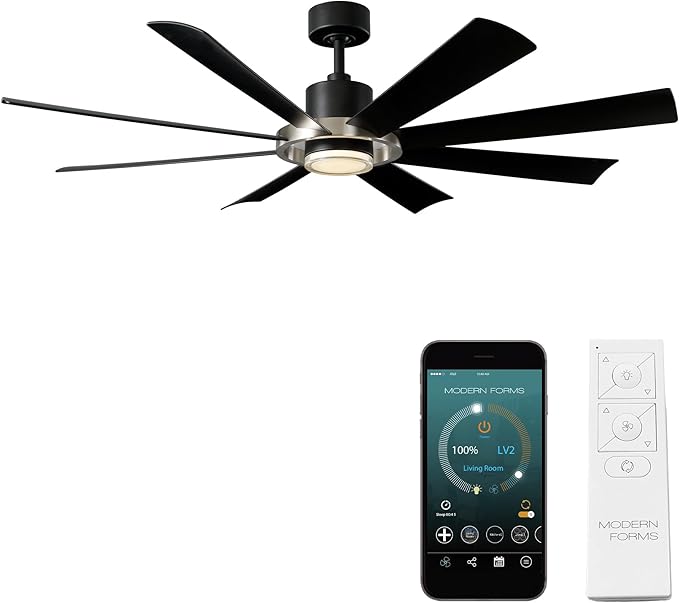 Modern Forms Aura Indoor and Outdoor 8-Blade 60in Smart Ceiling Fan in Matte Black Brushed Nickel Ring with 2700K-3000K-4000K-5000K Selectable LED Light Kit and Remote Control works App