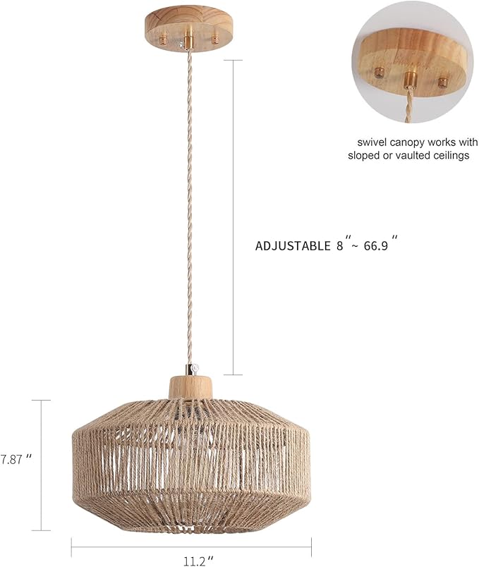 Coastal Woven Pendant Light Fixture One-Light Adjustable Natural Hemp Rope Cage Pendant Lighting for Kitchen Island Sink Farmhouse Dining Room