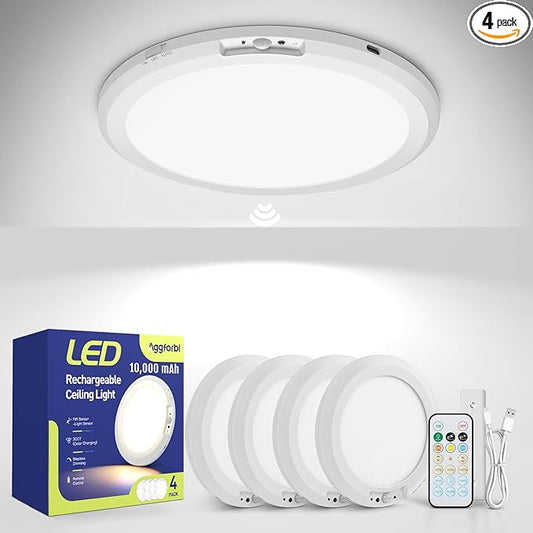 4PCs 10,000mAh Rechargeable Ceiling Light with Remote, Wireless Waterproof Shower Lights 3000K/4000K/6000K, Battery Powered Light for Closet Battery Operated, Motion Sensor Lights No Wiring