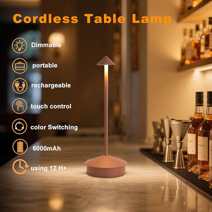 2 Pack Aluminum Cordless Table Lamp, 6000mAh Rechargeable Table Lamps, Portable Touch LED Lamp, Outdoor Waterproof Dimmable Cordless Rechargeable Table Lamps for Restaurant/Patio- Black (Brown)