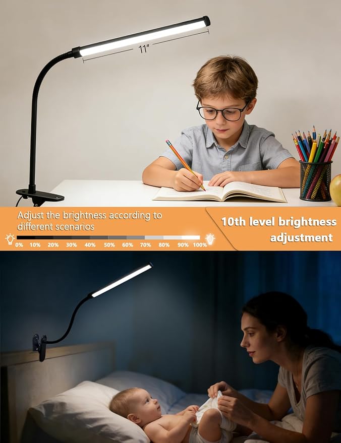 2 Pack LED Clip on Reading Light, 360 Flexible Gooseneck Dimmable Desk Lamp with Clamp, Eye-Caring Bedside Lamp for Bedroom Office Home Study, Computer Monitor Light Bar