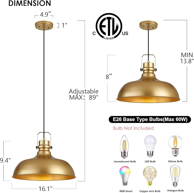 Gold Farmhouse Pendant Lights 16 Inch Matte Pendant Lighting for Kitchen Island Industrial Adjustable Height Vintage Dome Hanging Light Fixtures for Barn, Dining Room 2 Packs