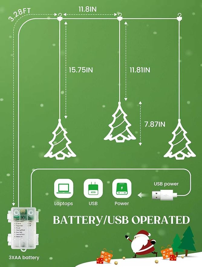 woohaha 30LED Christmas Window Lights,3 Christmas Tree Curtain String Lights USB/Battery Operated,Hanging Xmas Light for Indoor Outdoor Bedroom,Room,Wall,Party,Holiday Decorations(Green)