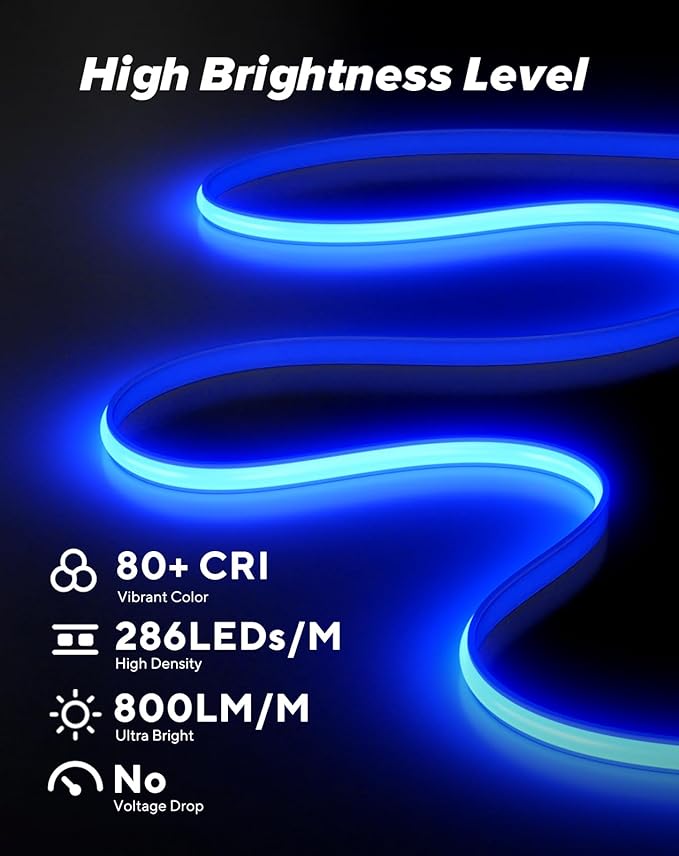 Shine Decor COB LED Rope Light AC 120V, 800lm Ultra Bright, IP65 Waterproof Cold-Resistant ETL Neon Strip, No Driver Tape Lighting for Home Commercial 10x4.5mm, Blue, 32.8ft