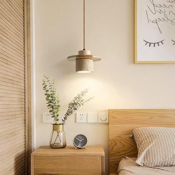 Japanese Wabi Sabi Pendant Light Nordic Natural Stone Chandeliers Concrete Simple Light Fixture for Dining Room Bedside Kitchen Island Hallway（Wood Color