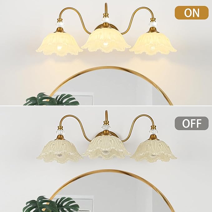 Vintage Bathroom Vanity Light, 3-Light Matte Brass Finish Vanity Light with Floral Yellow Glass Shades, Retro Wall Sconce for Bathroom, Dressing Table