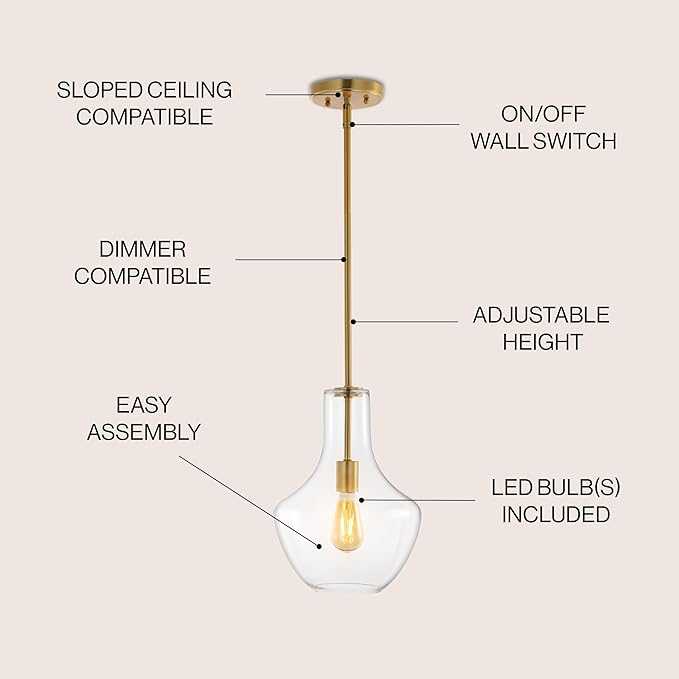 JONATHAN Y JYL6400C Watts 10.5" 1-Light Mid-Century Modern Iron/Glass LED Pendant Contemporary, Coastal, Vintage Bedroom Living Room, Brass Gold/Clear