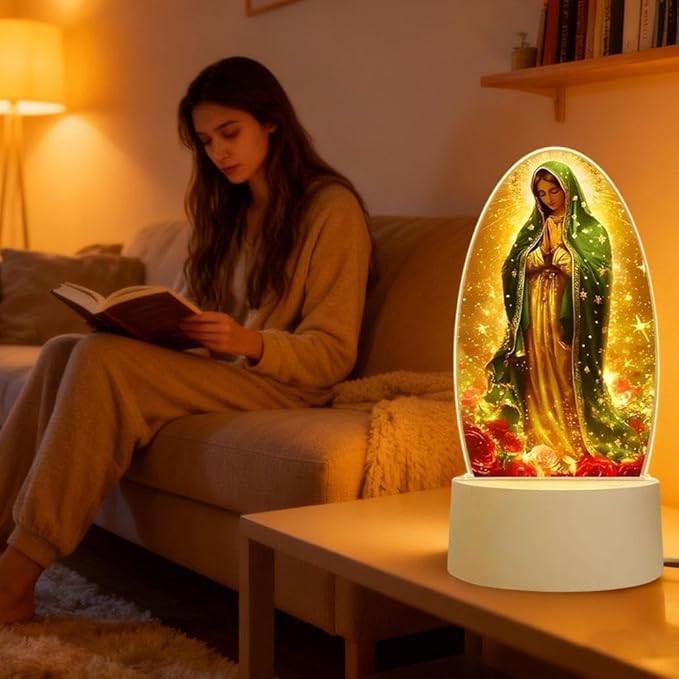 Guadalupe Virgin Prayer Lamp - 2D Acrylic Table Lamp with Soft Glow, USB Powered, Blessed Mother Mary Decoración para La Virgen de Religious Gift for Christmas Birthday (Yellow)