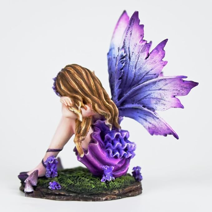 Fantasy Purple Sleeping Fairy Figurine, 3.15 Inch Blue-Purple Gradient Elf Statue, Hand-Painted Resin Decor with Flower Crown & Mini Mushroom Base for Desk, Fairy Garden, Bedroom