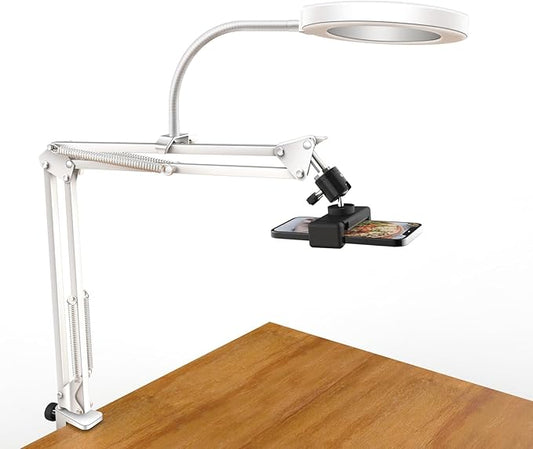 White Overhead Camera Mount with Ring Light, Desk Flexible Articulating Phone Arm Stand Compatible with iPhone, Content Creator Essentials for YouTube Live Stream Cooking Nail Video Recording