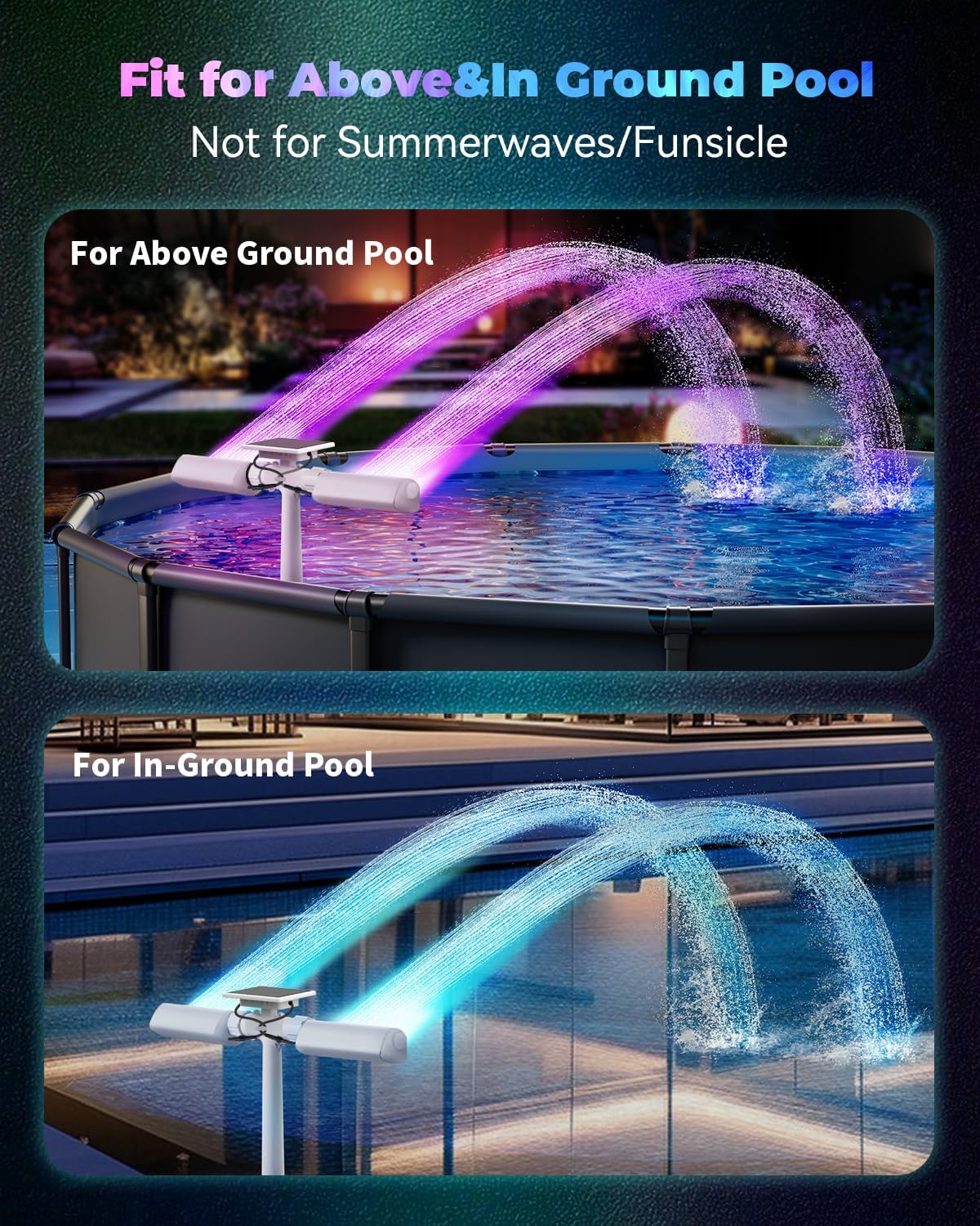 Solar Pool Fountain with 10-Color 4-Mode RGB LED Lights, Above/Inground Solar Lights with Remote, 360°Adjustable Dual Spray Waterfall Sprinkler Fountain for Relaxation & Cooling 10-20°F