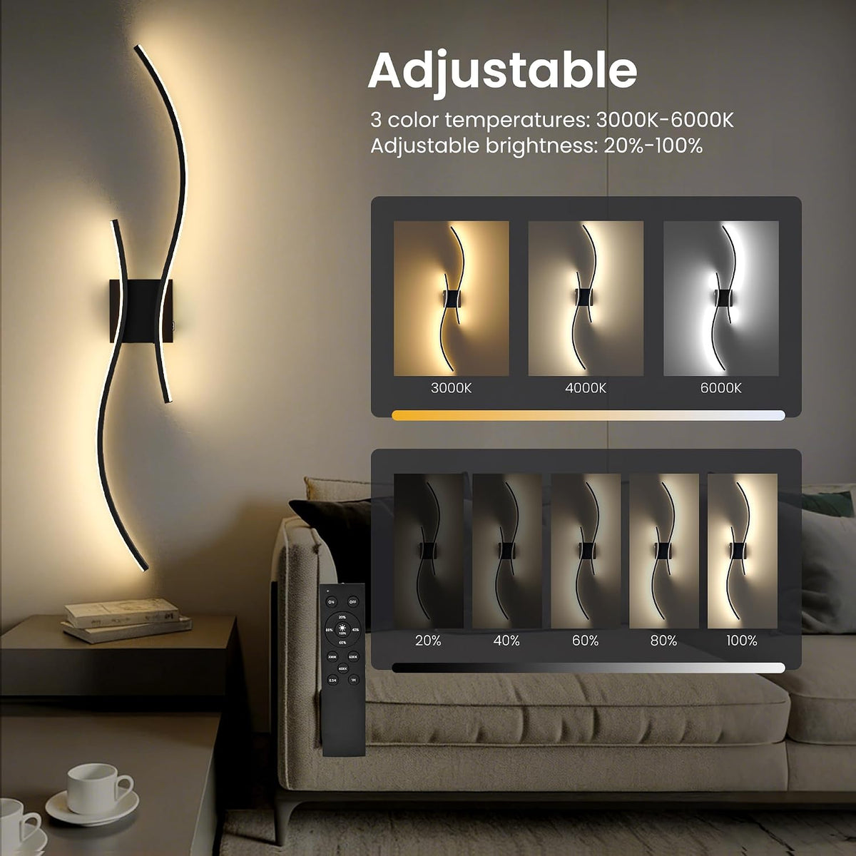 31.5-Inch Rechargeable LED Wall Sconces with Remote, Black, Set of 2