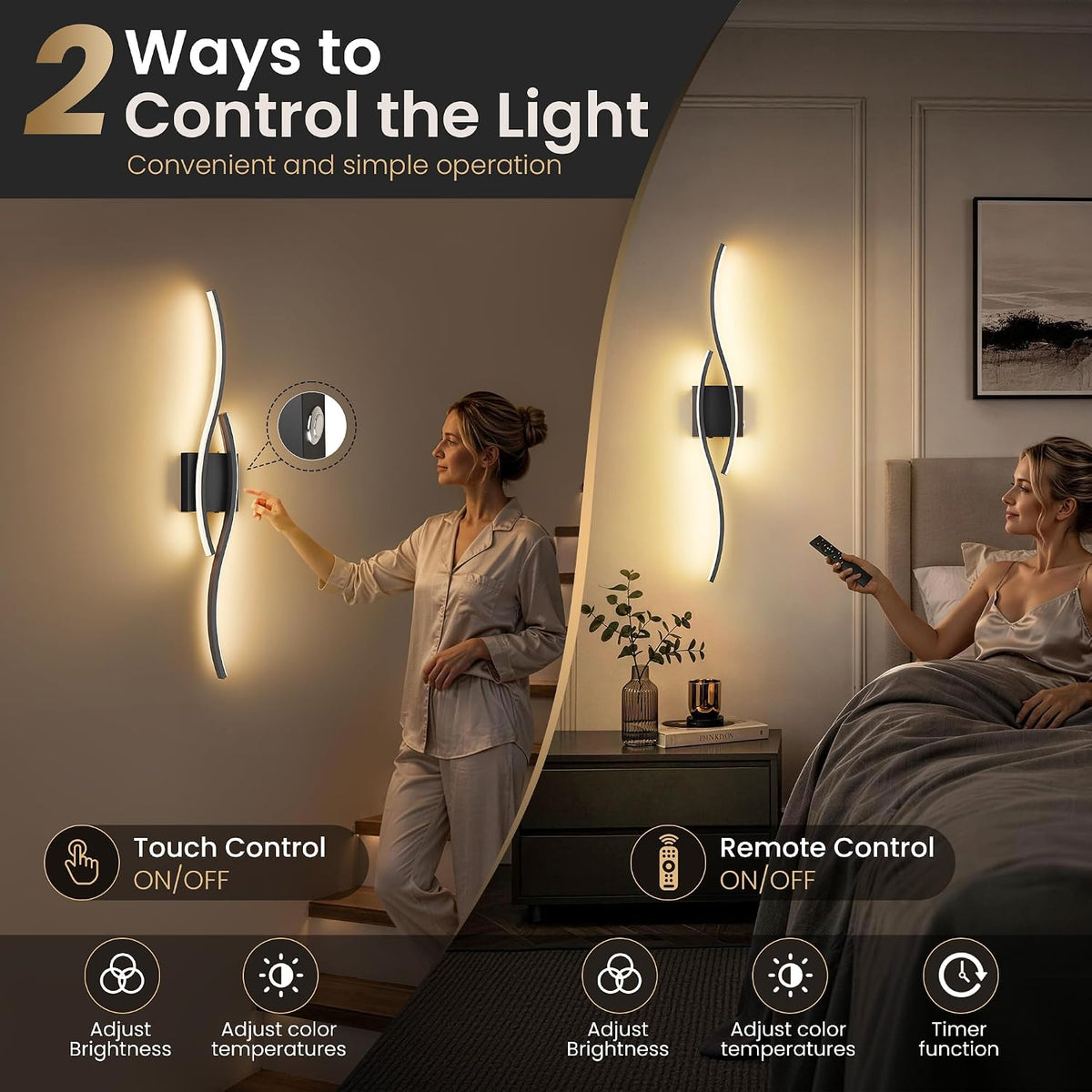 31.5-Inch Cordless LED Wall Sconces with Remote & Touch Control, Black, Set of 2