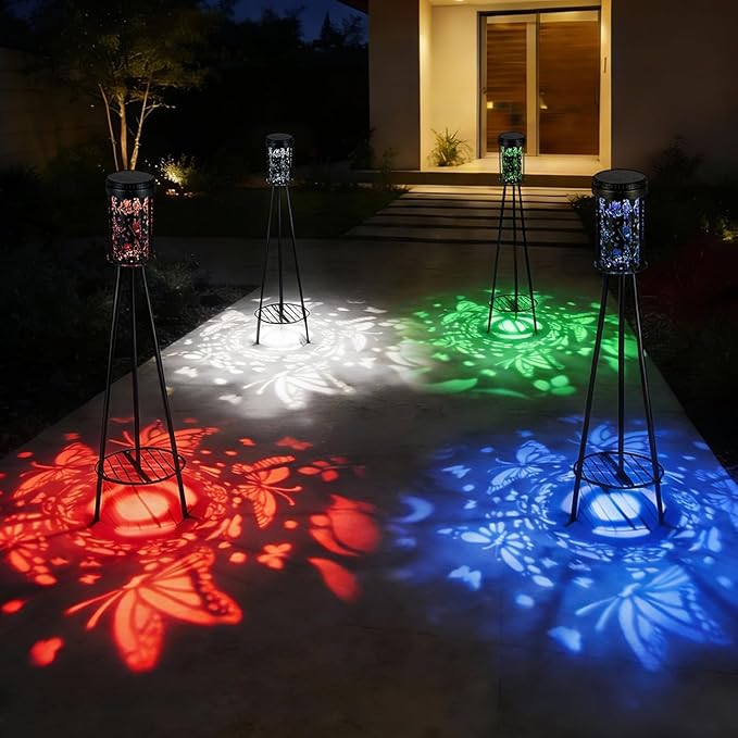Solar Floor Lamps Outdoor RGB Butterfly Projection Metal Cordless Floor Lamp with Plant Stand,42.48 Inch Waterproof Decorative Garden,Patio,Porch,Yard,Path,Light,Black