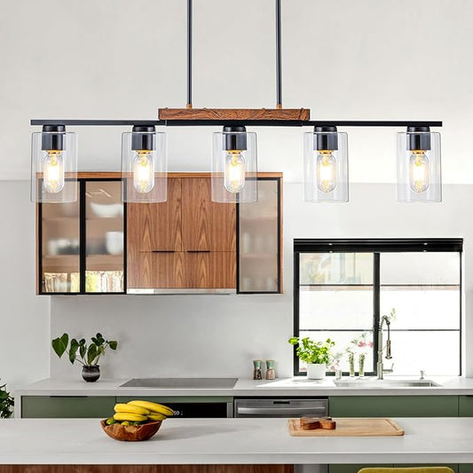 WILON Kitchen Island Lighting, 5 Lights Black Linear Chandeliers Modern Farmhouse Chandelier with Glass Shades for Kitchen Island Living Dining Room Foyer Bedroom(Black,5 Lights)