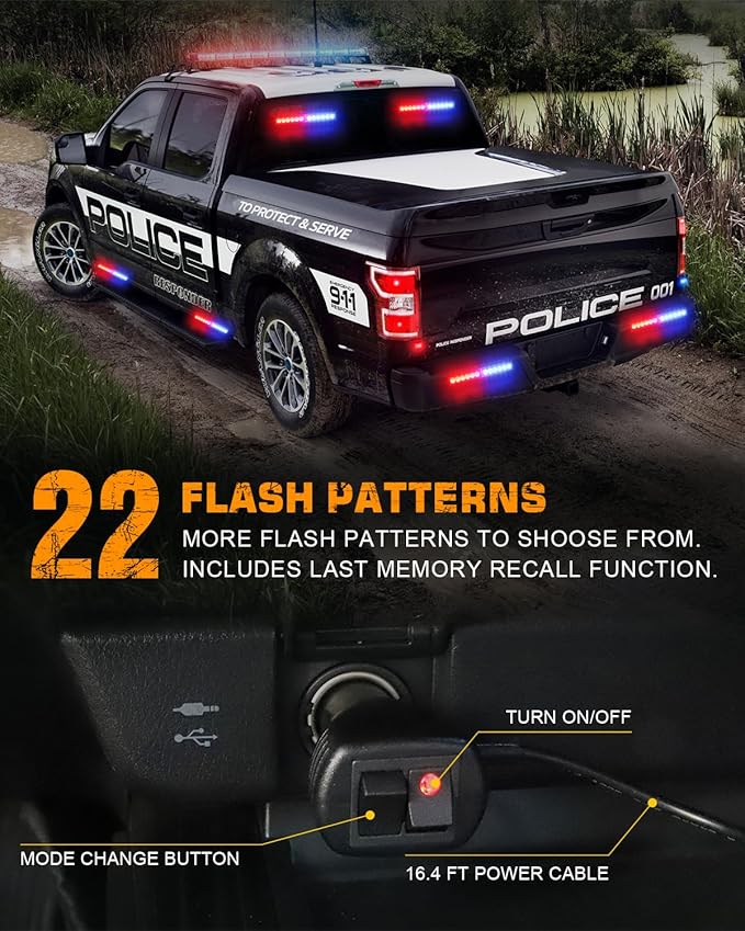 XRIDONSEN 2x 10.7 inch Red Blue Police Lights 24 LED Emergency Strobe Lights Warning Flashing Safety Side Window Front/Rear Windshield Light Grill Surface Mount for Law Enforcement Vehicles Trucks Car
