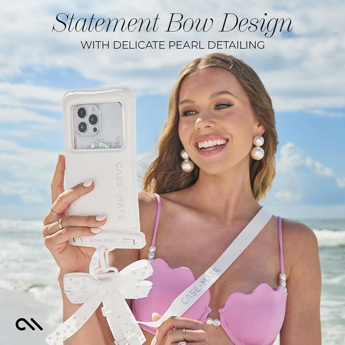 Case-Mate IP68 Waterproof Large Phone Pouch with Bow Design - Travel Beach Cruise Ship Essentials - Floating Phone Case with Crossbody Lanyard for iPhone 17 Pro Max/16 Pro/15/14/13/ S26 - Ivory Pearl