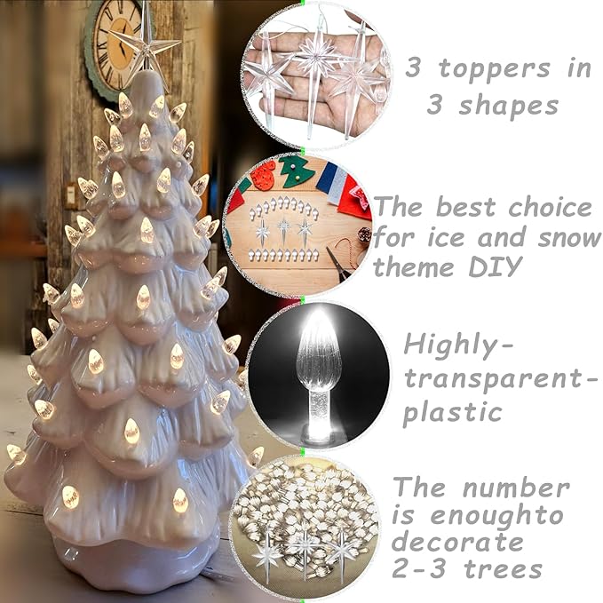 Ceramic Christmas Tree Replacement Lights Bulbs, Clear White Medium Twist Plastics Pegs Ornaments for Ceramic Tree(87 Bulbs＆ 3 Topper Star)