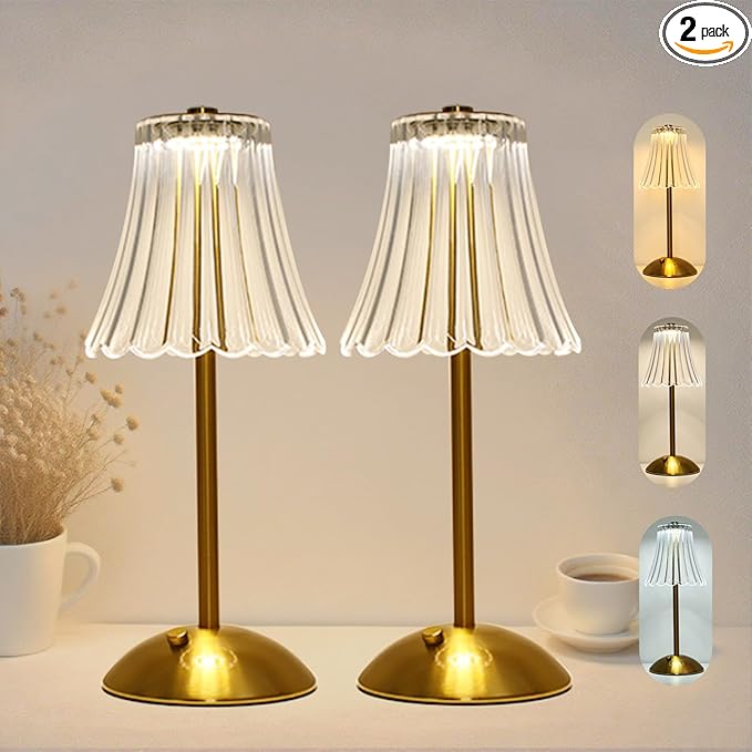 2 Pack Crystal Table Lamp, 5000mAh Rechargeable Battery Lamp with Touch Control, 3 Color Temperatures, Dimmable Brightness, Matte Aluminum Light for Bedroom/Bar/Kitchen/Outdoor, Home Décor