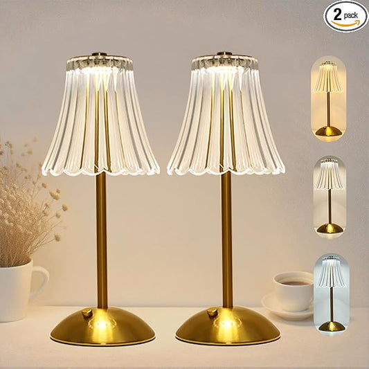 Crystal Table Lamp, 5000mAh Rechargeable Lamp with Touch Control, 3 Color Temperatures, Dimmable Brightness, Matte Aluminum Light for Bedroom/Bar/Kitchen/Outdoor (Retro Golden, Large-2Pc)