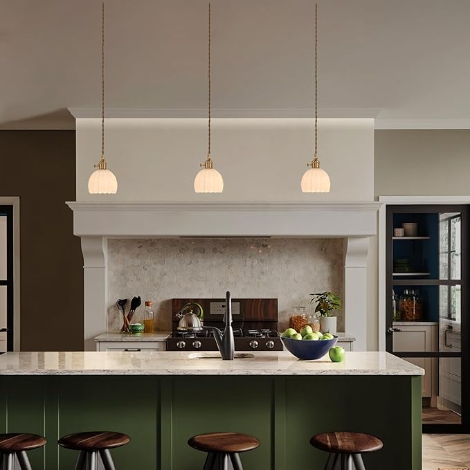 Mini Pendant Light with White Tulip Glass Lmapshade, Brass Vintage Pendant Light Adjustable Hanging Light for Kitchen Island Dining Room Hallway