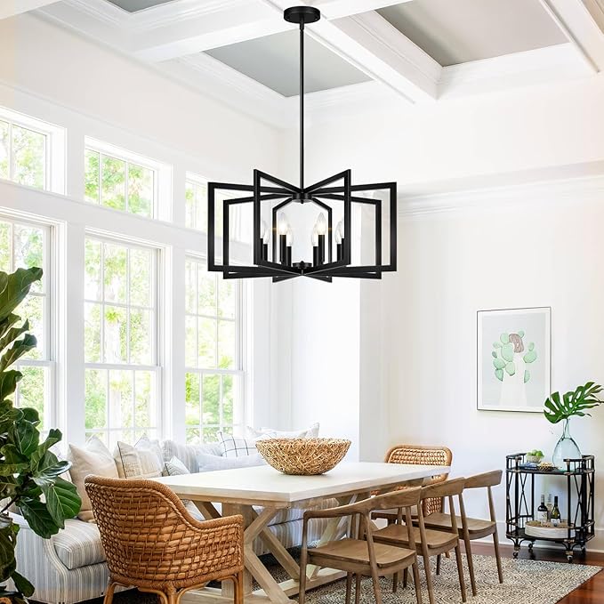 28" Modern Matte Black Chandelier for Dining Room, No Assembly Required Black Dining Room Light Fixture Over Table, Industrial Metal Hanging Pendant Lights Fixture for Kitchen Island, Entryway, Foyer