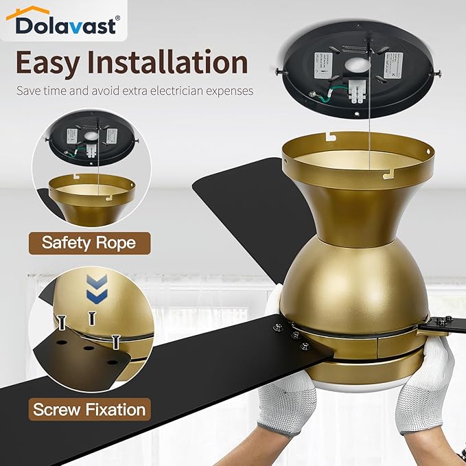 Ceiling Fans with Lights, 48 inch Low Profile Ceiling Fan with Light and Remote Control, Flush Mount, Reversible, 3CCT, Dimmable LED, Noiseless, Gold Ceiling Fan for Bedroom, Dining Room