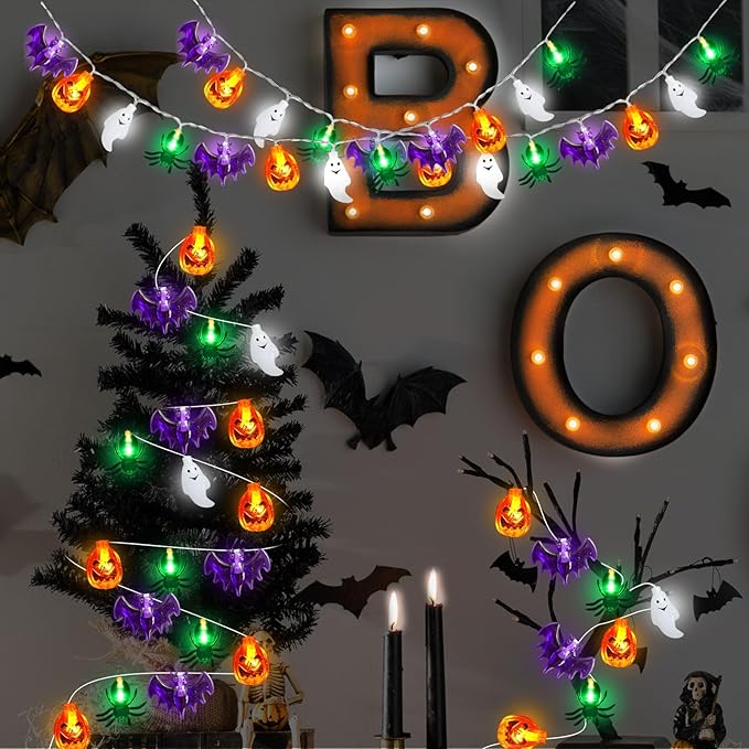 Halloween Lights Decor, 20FT 40 LED 3D Pumpkin Bat Ghost Spider Battery Operated String Lights, Waterproof Twinkle Light for Home Room Door Window Porch Indoor Outdoor Halloween Party Decorations