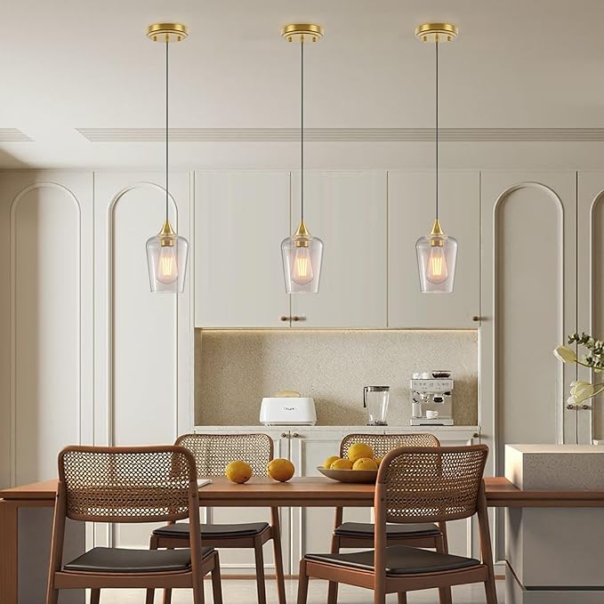 Ralbay Farmhouse Brushed Gold Pendant Light 3-Pack, Pendant Light Fixtures with Wine Clear Glass Shade, Kitchen Island Lighting for Dining Room, Rustic Adjustable Hanging Lighting Fixture