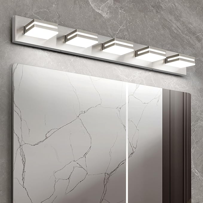 OKELI 5 Lights Bathroom Vanity Light Fixtures Brushed Nickel LED Dimmable Vanity Light Over Mirror Modern Wall Mounted Lighting Fixture, 350° Rotatable Lamp Head 36W Cold White 6000K ETL Listed