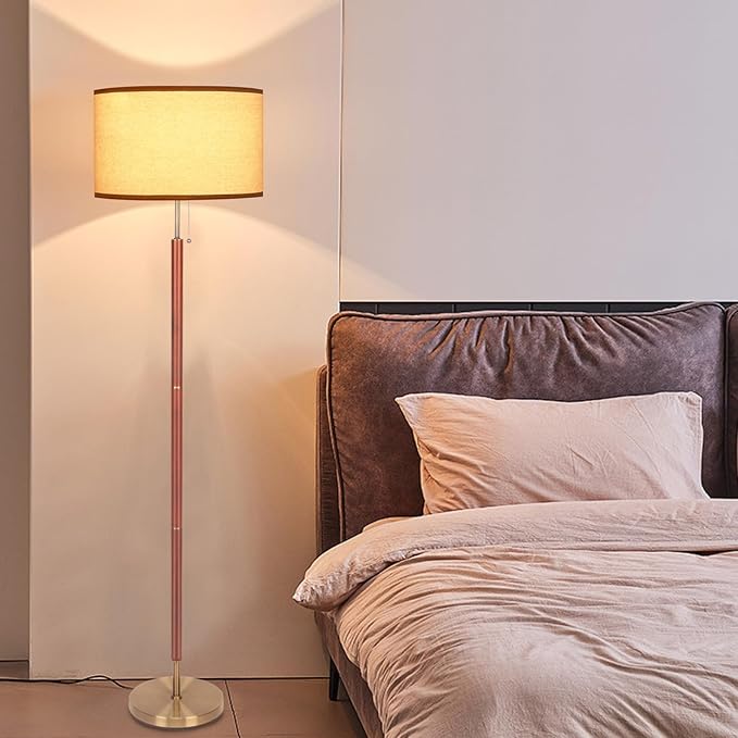 HonoDing Mid-Century Modern Floor Lamp, Walnut Wood Finish, Drum Shade, Living Room Décor (64in, E26 LED)