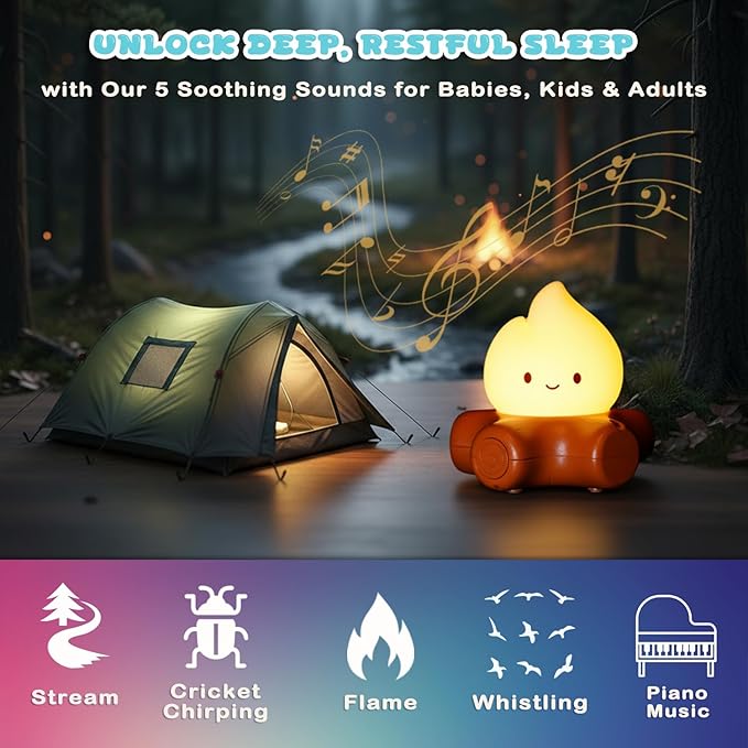 Campfire Night Light, 5 White Noise Mode, Cute Bonfire Gifts, Silicone Night Light with Candle Mode, Rechargeable Bedroom Decor, Gift for Children, Teens, Adults, Halloween, Christmas & Birthdays