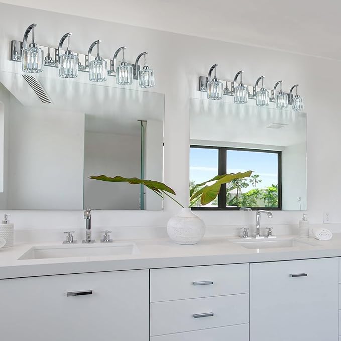 5-Light Crystal Vanity Light, Modern Chrome Bathroom Wall Sconce with K9 Crystal Shades, 42.51" Long Over Mirror Lighting for Vanity, Makeup, Hallway, Elegant & Easy Installation
