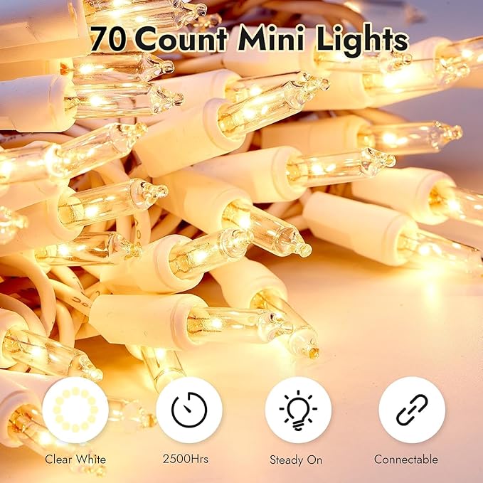 Christmas Lights Clear White 70 Count Incandescent Light UL Certified Connectable Christmas Tree Lights with White Wires for Indoor Outdoor Xmas, Wedding, Holiday, Party, Home Decorations