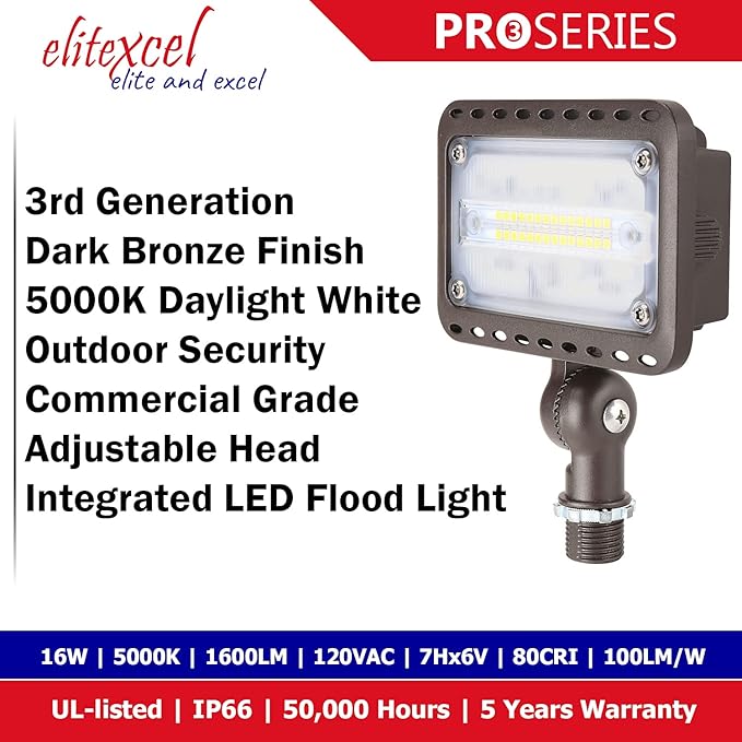 Outdoor Tree Lights - 16W UL Listed Landscape Lights, 1600lm LED Flood Light, Waterproof, 5000K Daylight White, 1/2'' Knuckle Mount, 120V, 5 Year Warranty